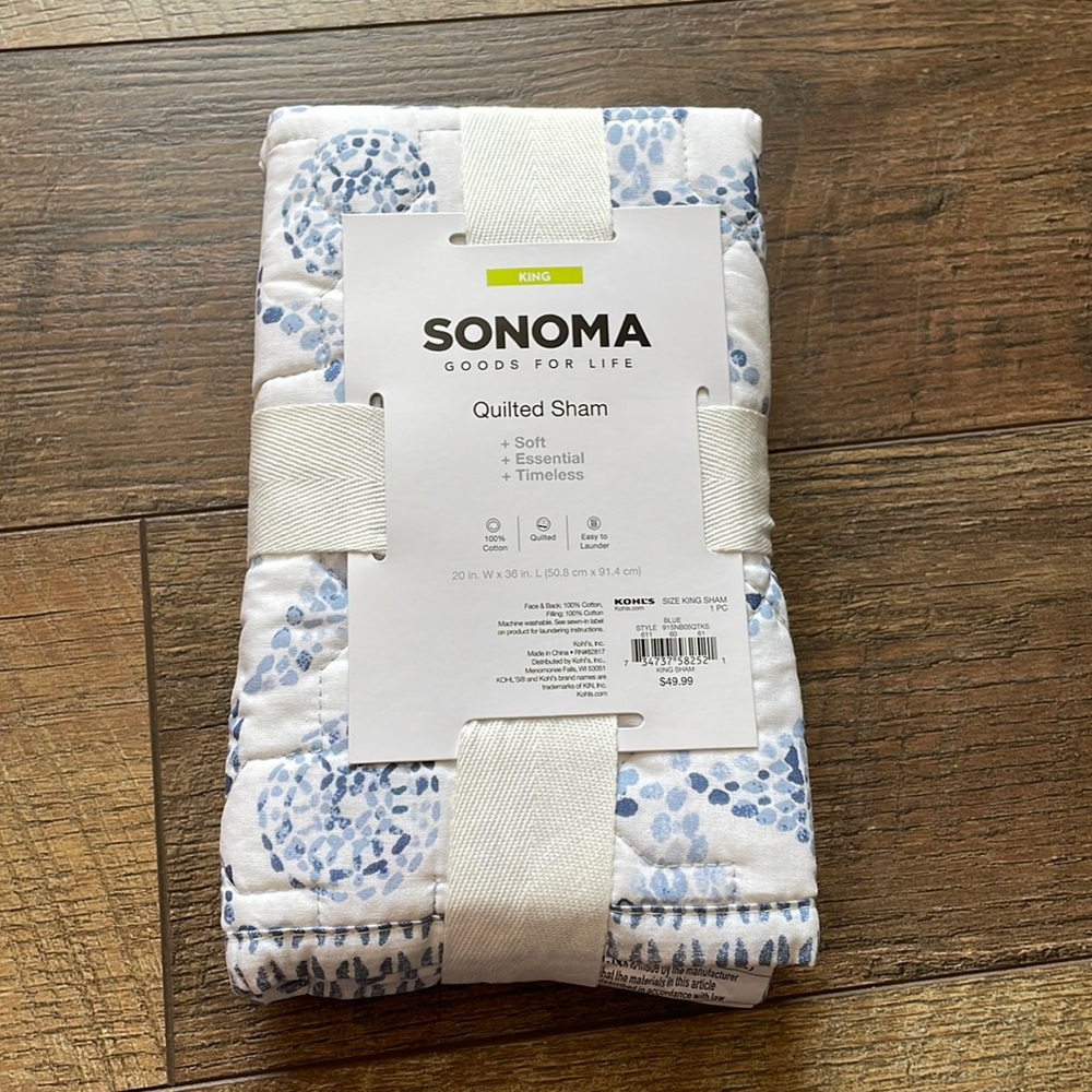 🛍️3/$20❗️Sonoma NWT king size 29in x 36in quilted pillow sham #24